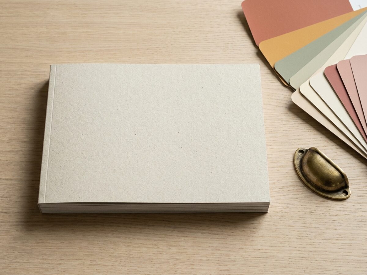 A thick printed brochure on an oak table beside paint colour cards and a brass handle sample