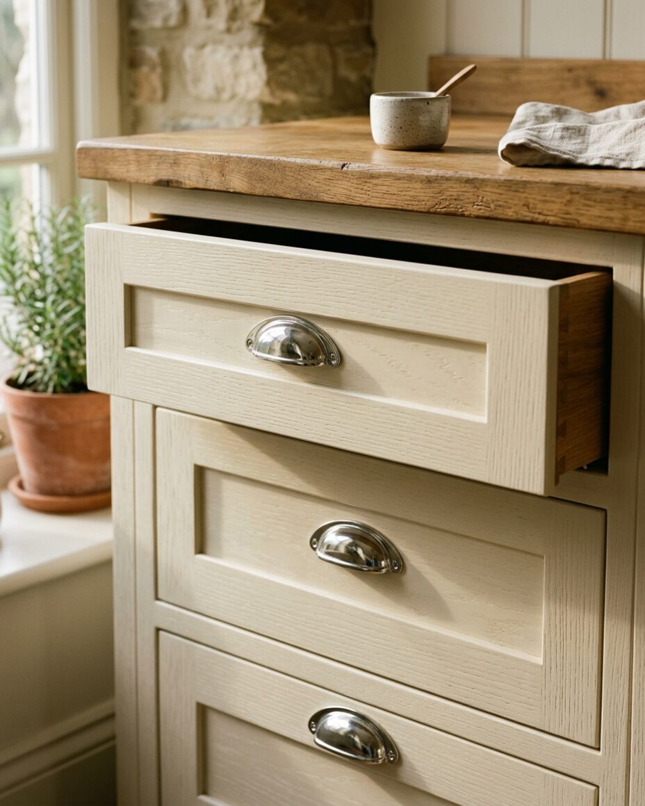 Soft cream painted shaker drawers with chrome cup handles beneath a wooden worktop