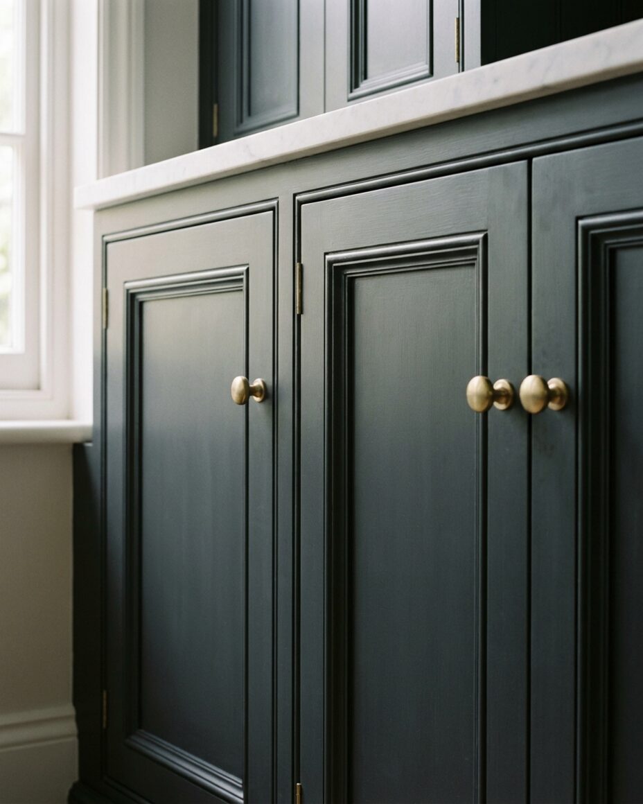 Dark charcoal cabinet doors with bolection moulding and brushed brass knobs