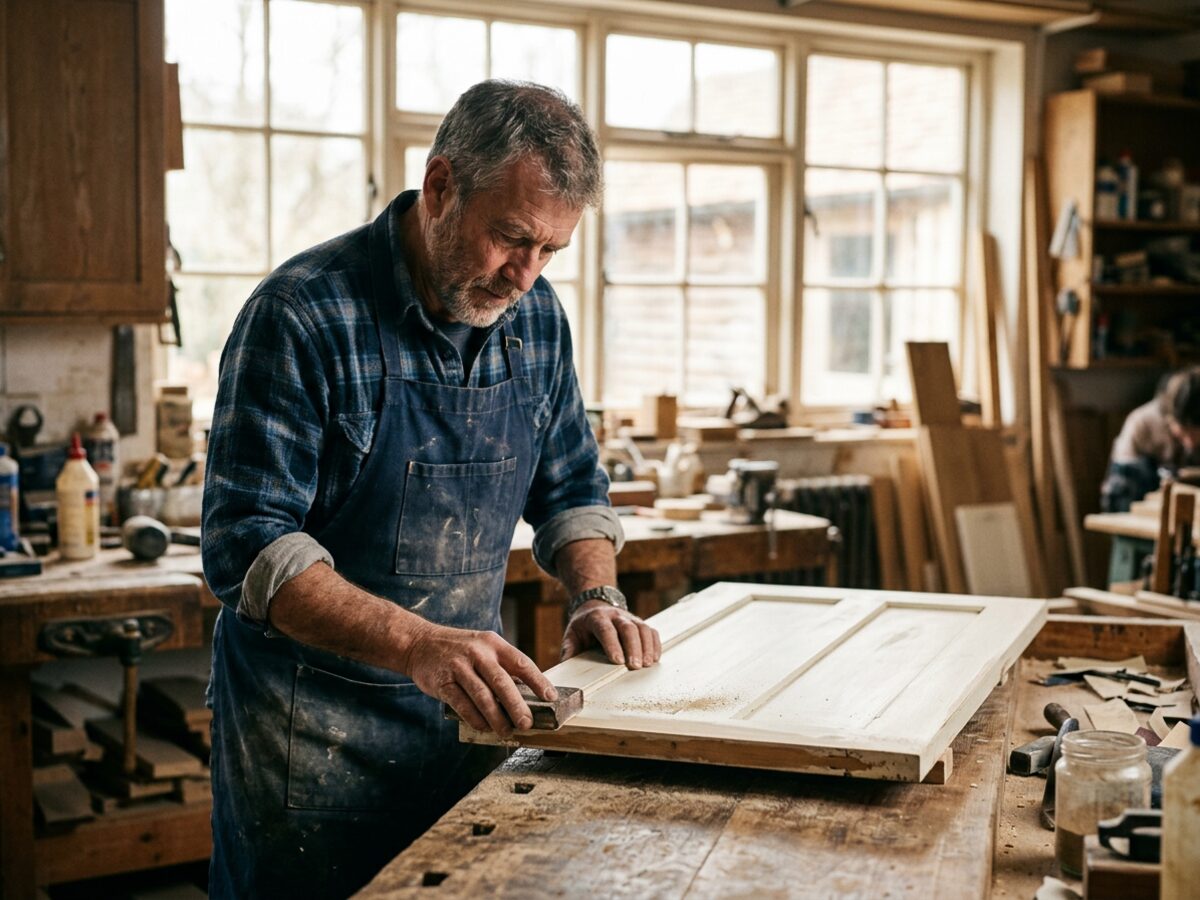 A craftsman hand-sanding a painted cabinet door at a workbench