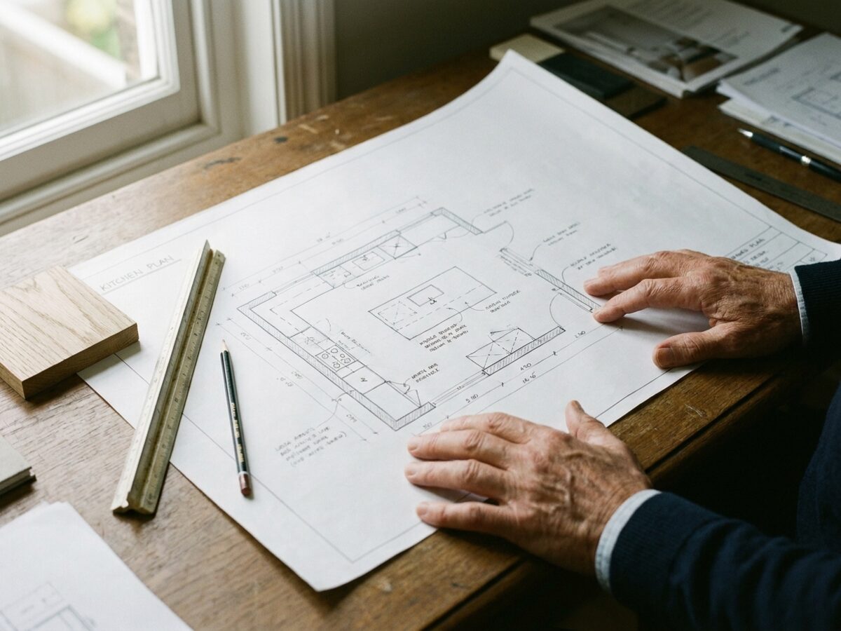 A designer's hands over a hand-drawn kitchen plan with a scale rule and timber sample