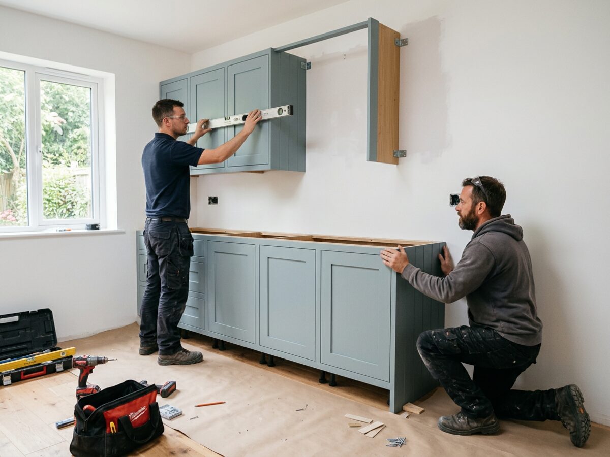 Two fitters installing a run of painted kitchen cabinetry with a spirit level