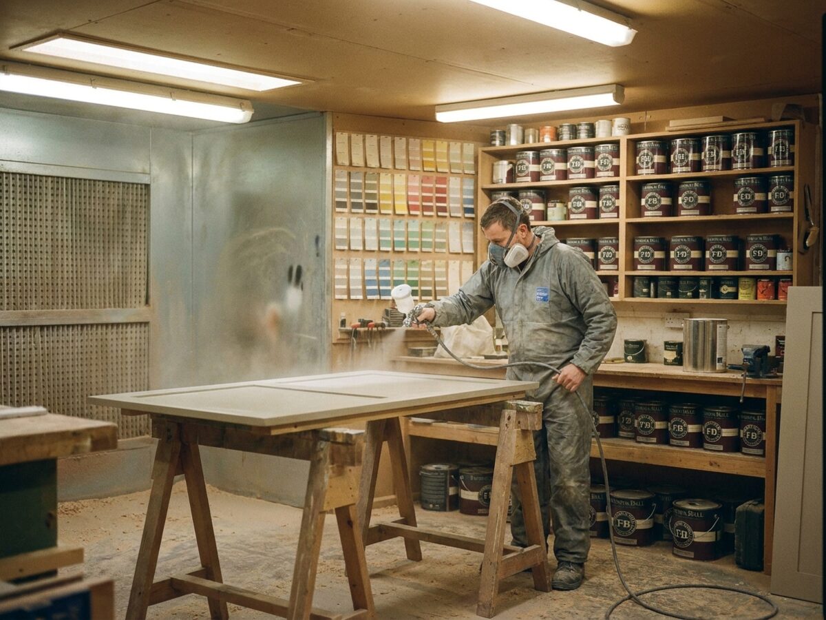 A cabinet door on trestles in a spray booth beside rows of paint tins and colour cards