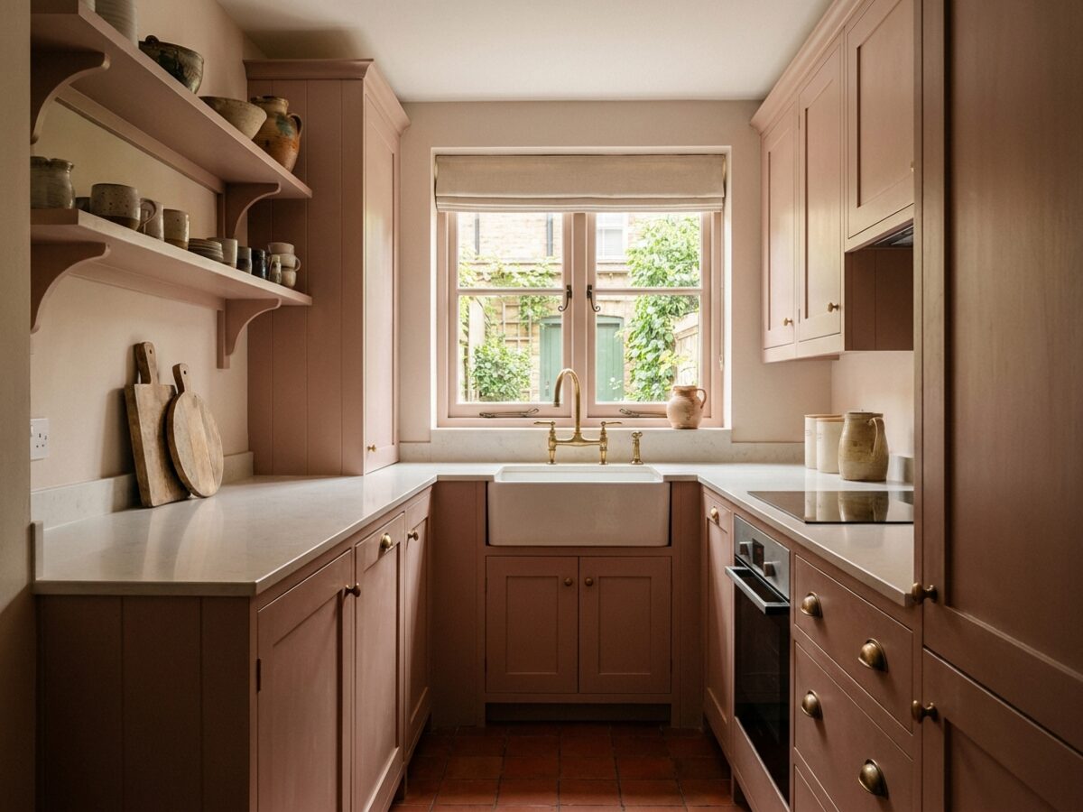 Compact galley kitchen in muted clay pink with brass fittings and terracotta floor