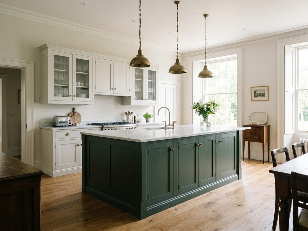Off-white kitchen with a deep green painted island and marble worktop