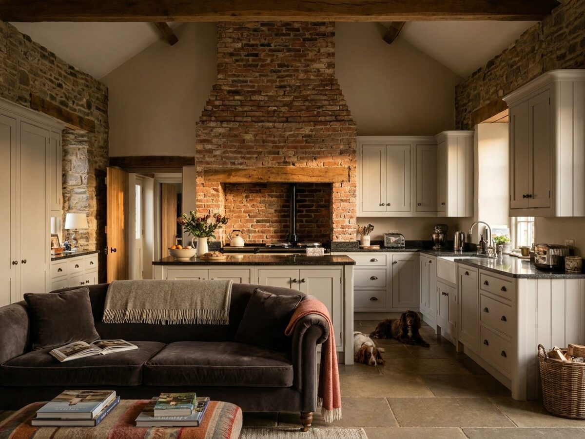 Open-plan kitchen in a stone manor house with exposed brick and pale grey cabinetry