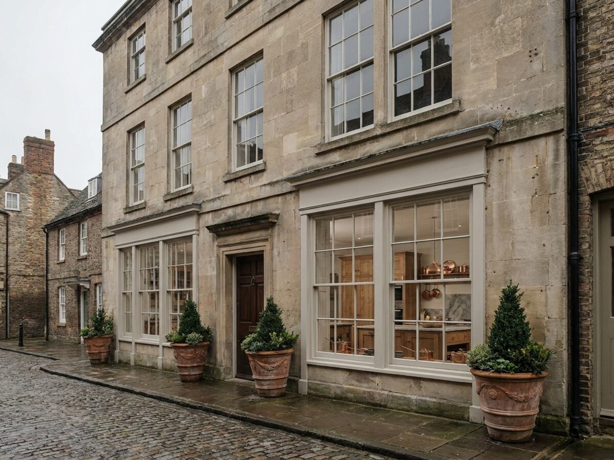 A Georgian stone building on a market town street with tall sash windows