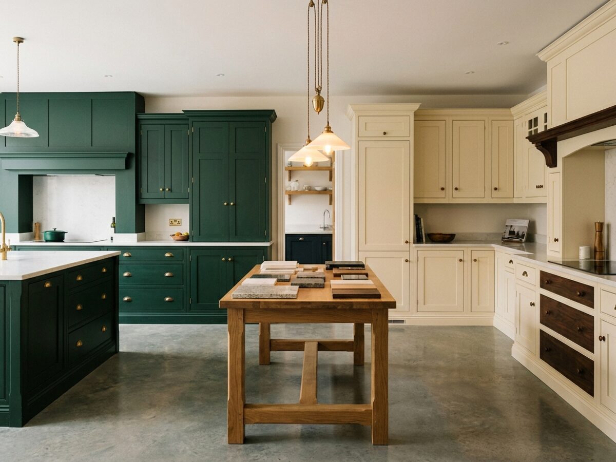 A kitchen showroom with two display kitchens and a central table of material samples