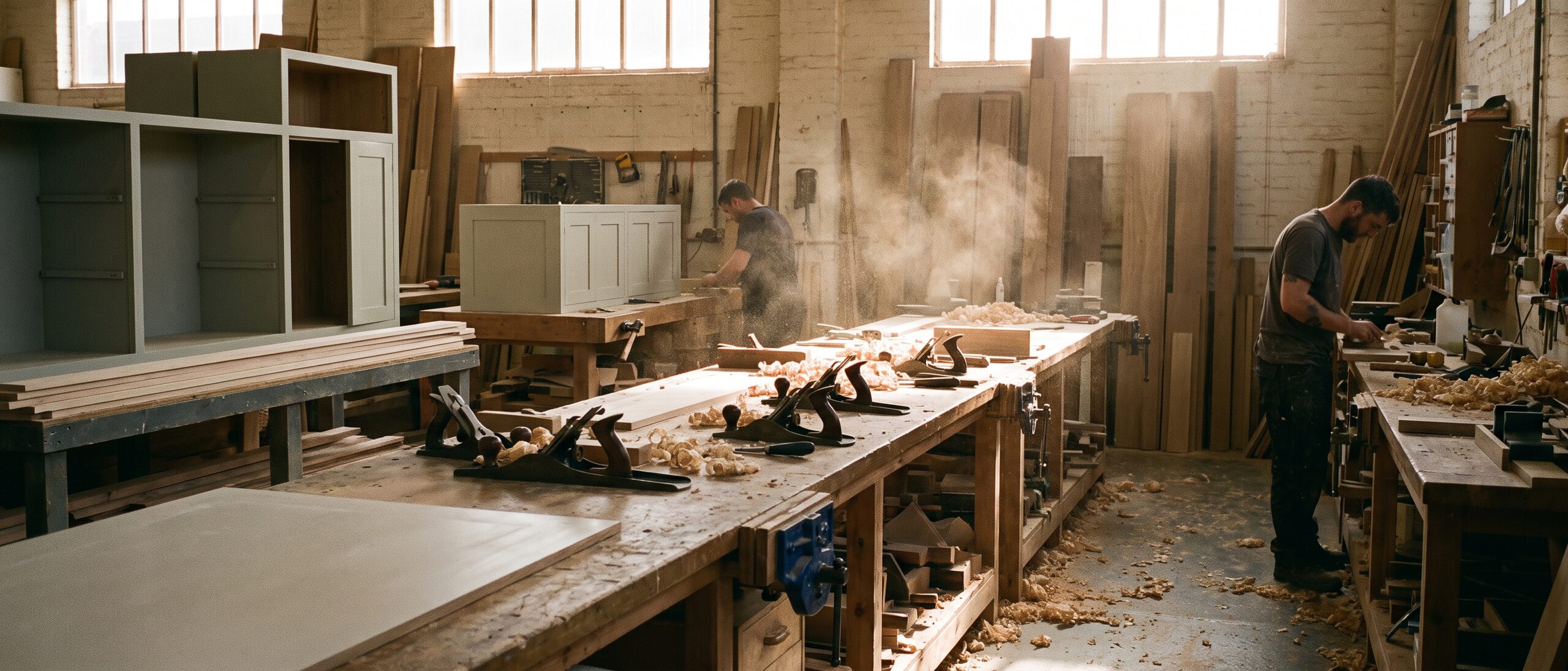 A cabinetmaking workshop with long benches, hand tools and part-assembled cabinets